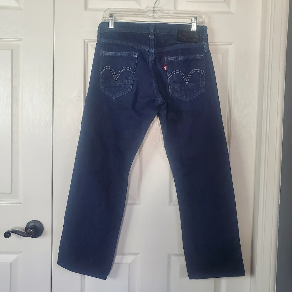 Levi's 514 Straight Motion Denim Blue Jeans Size 31x32 Black Leather Label
